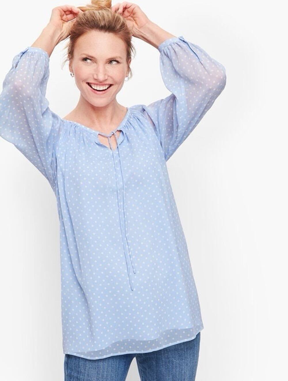 Talbots Blouse Womens Medium Popover Long Sleeve Polka Dot Coquette Flowy M